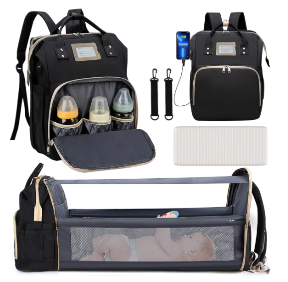 Diaper Bag Backpack, Multifunctional Baby Changing Bag with Foldable Crib