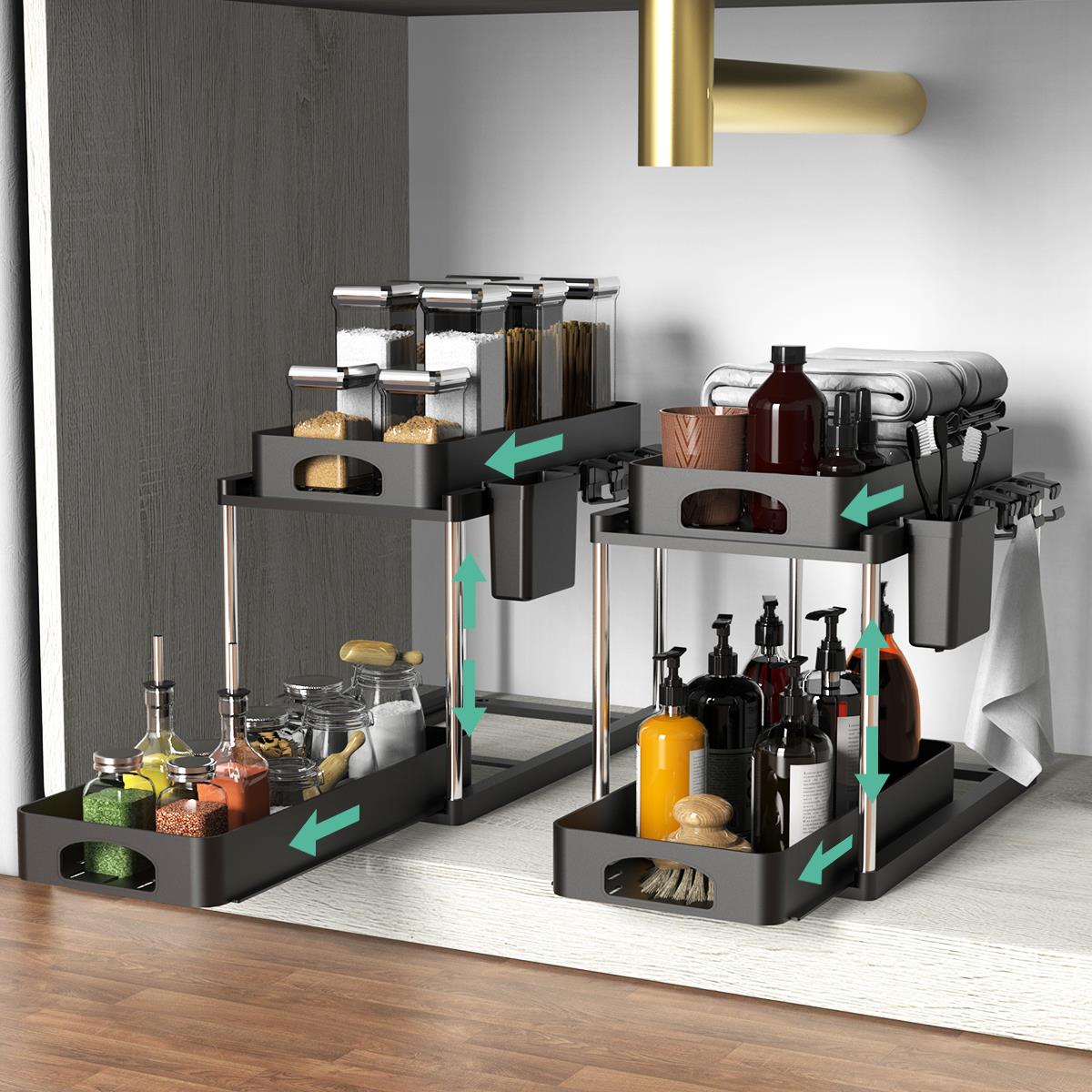 2 Pack Double Sliding Under Sink Organizer,Adjustable Height Under Cabinet Organizer