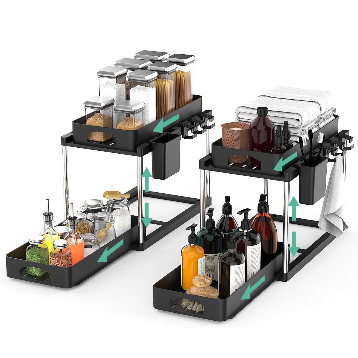 2 Pack Under Sink Organizer, Adjustable Height Bathroom Cabinet Organizer
