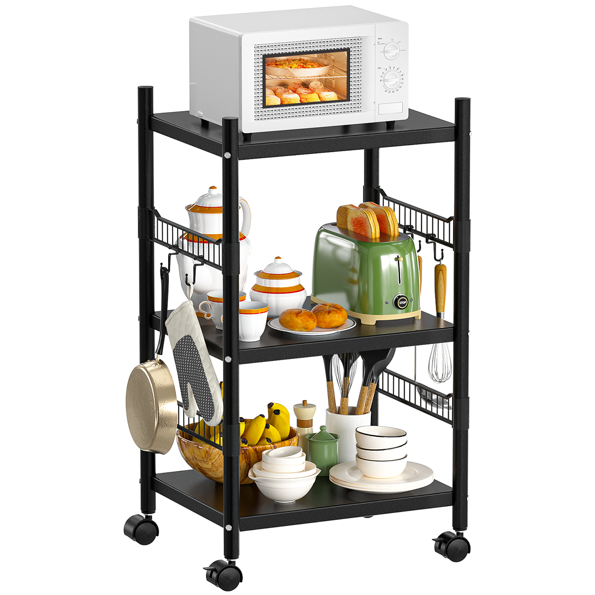 Kitchen Microwave Cart, 3-Tier Kitchen Metal Utility Storage Rack Cart