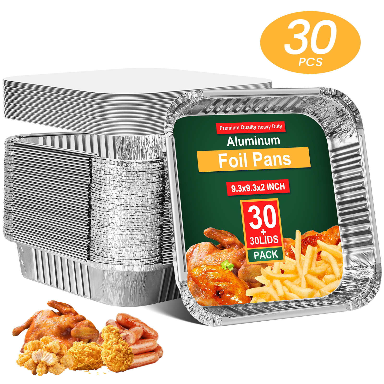 Square Aluminum Pans with Lids (30-Pack, 9.3x9.3”) - Premium Disposable Baking Pans