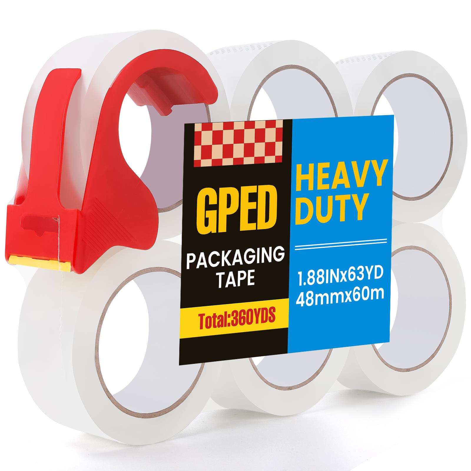 Heavy Duty Packaging Tape, 6 Rolls Clear Packing Tape with Dispenser for Shipping