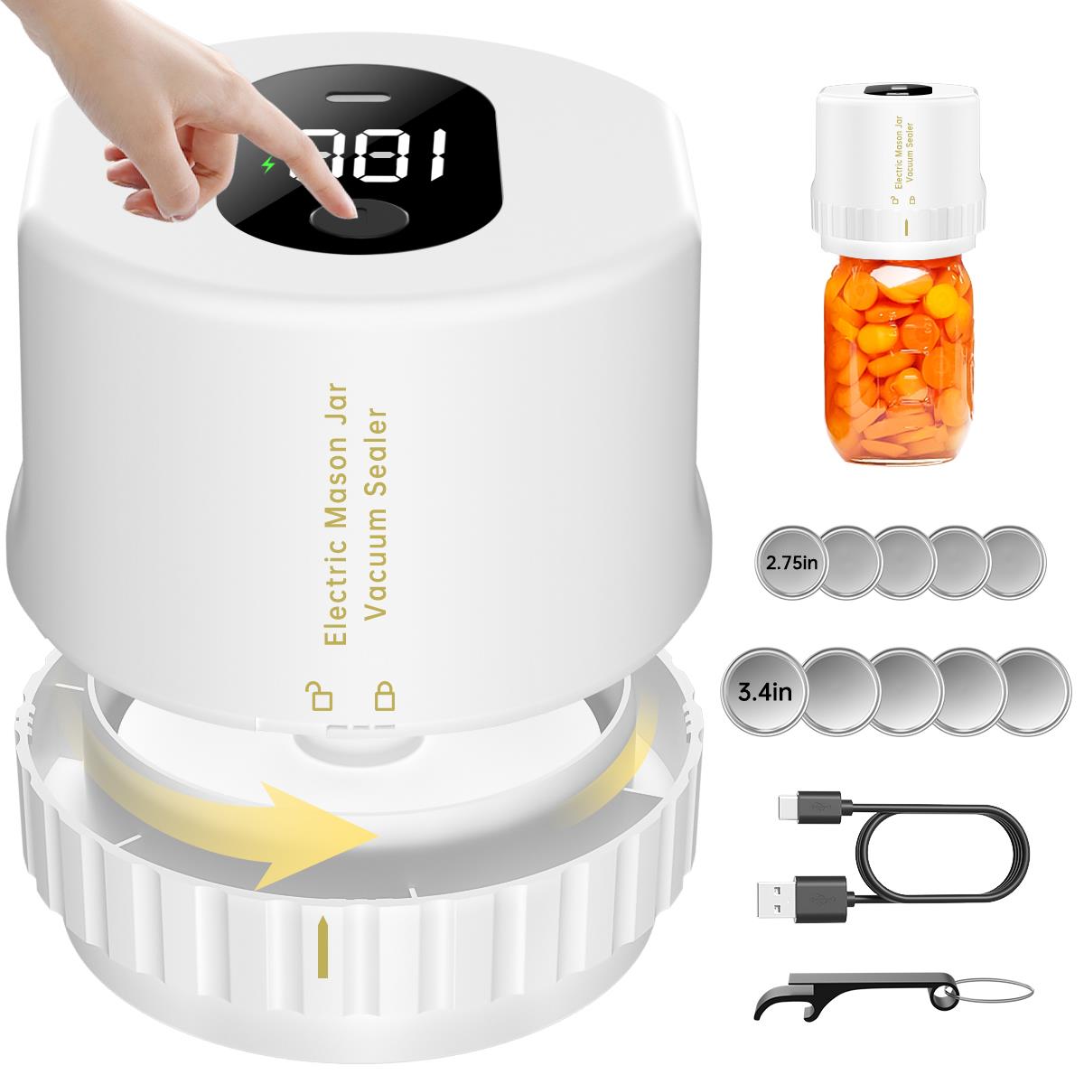 Mason Jar Vacuum Sealer, Electric Cordless Mason Jar Vacuum Sealer for Food Storage and Fermentation