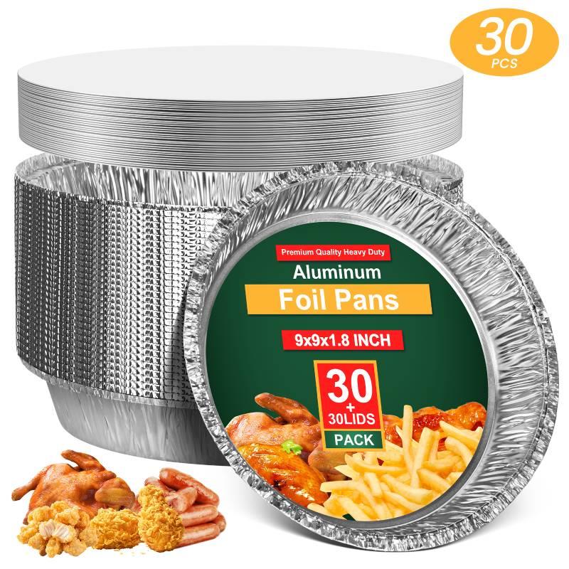 30 Count 9 Inch Disposable Round Aluminum Foil Pans with Dome Lids, Heavy Duty Disposable Foil Pans