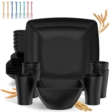 32 Pcs Wheat Straw Square Dinnerware Sets For 6, Black