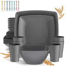 32 Pcs Wheat Straw Square Dinnerware Sets For 6, Gray