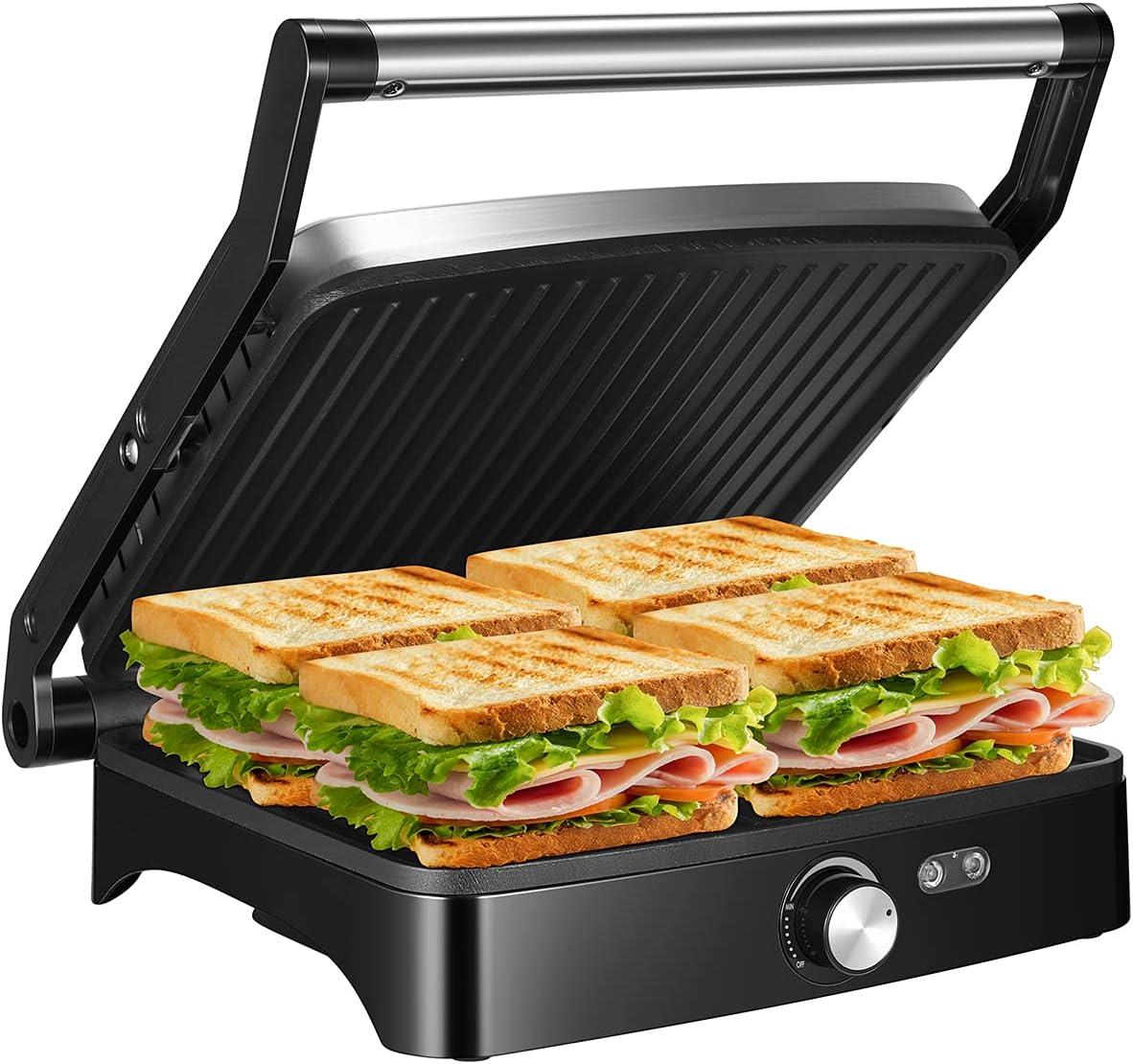 Panini Press Sandwich Maker, 4 Slices Stainless Steel Panini Press Grill