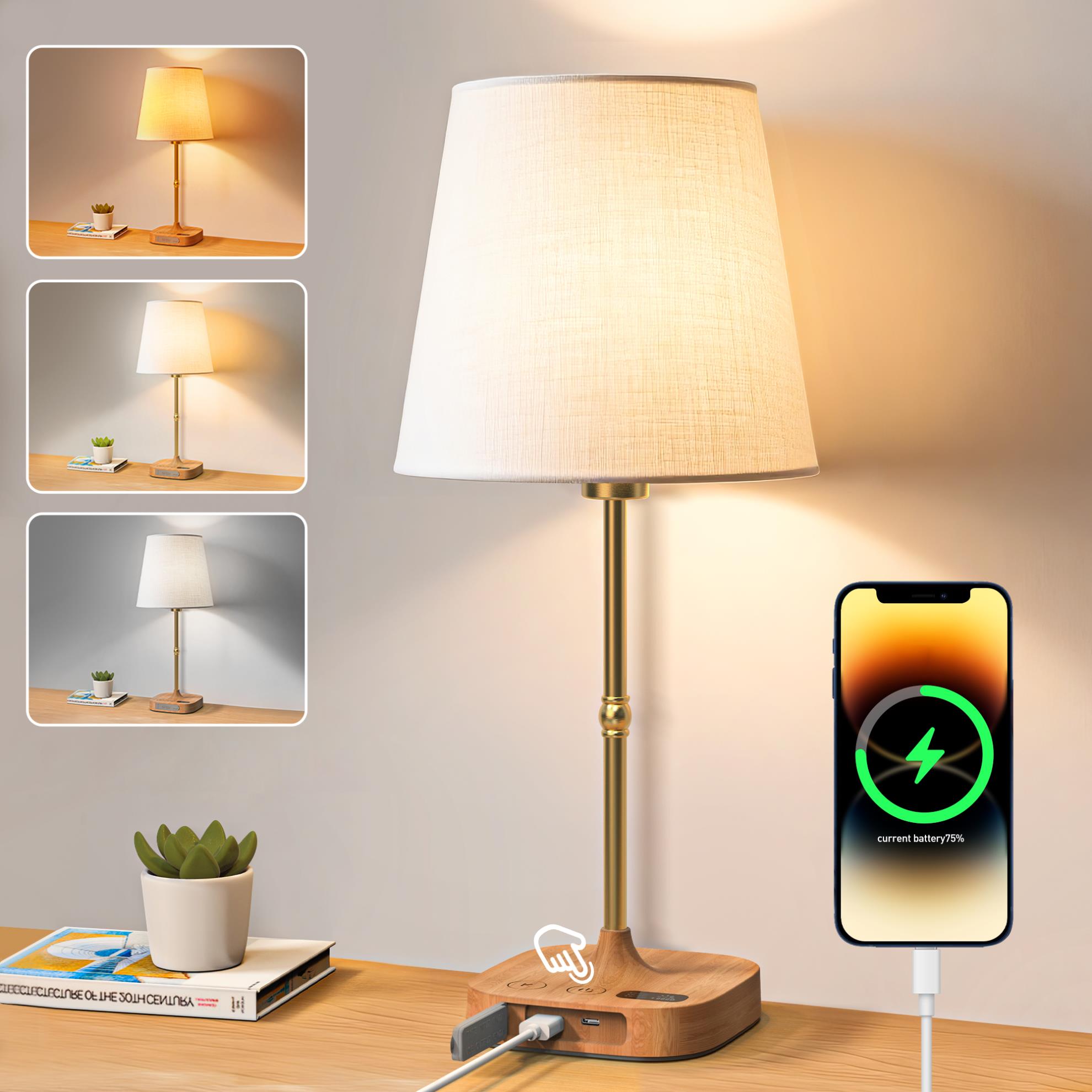 Bedside Table Lamp for Bedroom, 3 Color Temperatures Cordless Bedside Lamp