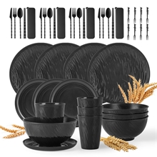 GPED 48 Pcs Imitation Rock Texture Wheat Straw Dinnerware Sets For 4, Black