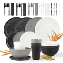 GPED 48 Pcs Imitation Rock Texture Wheat Straw Dinnerware Sets For 4, Nordic Minimal