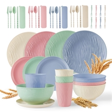 GPED 48 Pcs Imitation Rock Texture Wheat Straw Dinnerware Sets For 4, Macaron Pastels