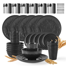 GPED 72 Pcs Imitation Rock Texture Wheat Straw Dinnerware Sets For 6, Black