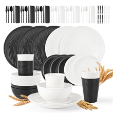 GPED 72 Pcs Imitation Rock Texture Wheat Straw Dinnerware Sets For 6, Black & White