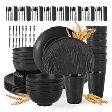 GPED 96 Pcs Imitation Rock Texture Wheat Straw Dinnerware Sets For 8, Black