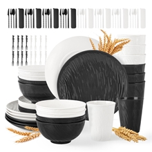 GPED 96 Pcs Imitation Rock Texture Wheat Straw Dinnerware Sets For 8, Black & White