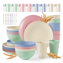 GPED 96 Pcs Imitation Rock Texture Wheat Straw Dinnerware Sets For 8, Macaron Pastels