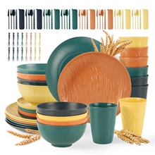 GPED 96 Pcs Imitation Rock Texture Wheat Straw Dinnerware Sets For 8, Mediterranean Palette