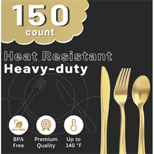 150 Count Gold Plastic Silverware Set, Heavy Duty Disposable Cutlery Set