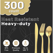 300 Count Gold Plastic Silverware Set, Heavy Duty Disposable Cutlery Set