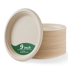 9 Inch Compostable Paper Plates, 125-Pack Heavy Duty Disposable Plates