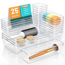25 PCS Clear Plastic Drawer Organizer Set, 4 Sizes Desk Organizer