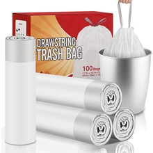 100 Counts 4 Gallons Strong Drawstring Trash Bags, Garbage Bags for Bathroom, Kitchen, White
