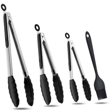 Stainless Steel Kitchen Tongs Set, Grilling Utensils Set of 4 with Oil Brush, Black
