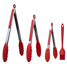 Stainless Steel Kitchen Tongs Set, Grilling Utensils Set of 4 with Oil Brush, Red