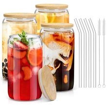 Glass Cups with Bamboo Lids and Glass Straw Set