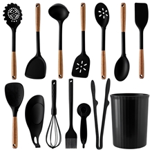 28 Pcs Silicone Cooking Utensils Set, Wood Kitchen Utensil Set, Black
