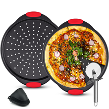 2-Pack Carbon Steel Pizza Pan Set with Non-Stick Handles, Includes Pizza Cutter Wheel & Oven Glove
