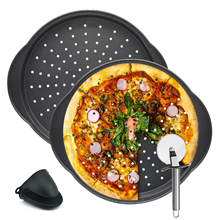 2-Pack Carbon Steel Pizza Pan Set, Includes Pizza Cutter Wheel & Heat-Resistant Silicone Oven Glove