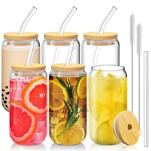 GPED 6 PCS Glass Cups with Bamboo Lids and Glass Straw Set, 16 OZ Can Shaped Glass Cups