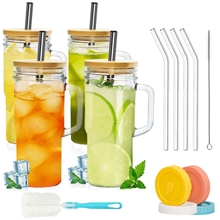 GPED 25 oz Glass Cups with Bamboo Lids and Straws, 4 Pack Glass Tumbler with Handle