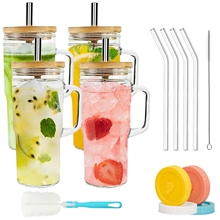 GPED 4 Pack Glass Tumbler with Handle, 25 oz Glass Cups with Bamboo Lids and Straws