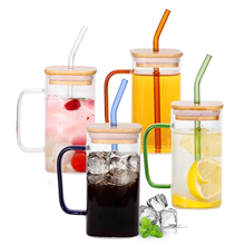 4 PCS Glass Cups with Bamboo Lids and Glass Straw Set