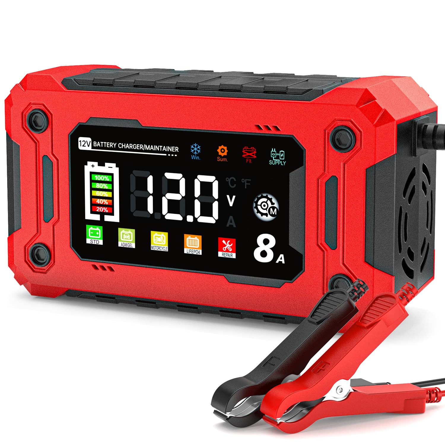 Battery Charger, Colorful Trickle Charger Fully-Automatic Battery Charger 12V 8Amp