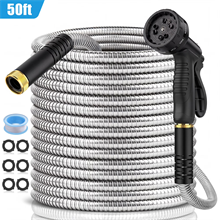 50ft Metal Garden Hose, Stainless Steel Water Hose with 10 Function Nozzles, Heavy Duty
