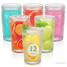 GPED Vintage Glassware Drinking Glasses Set of 6, 12 oz Textured Clear Striped Glass Cups