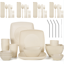GPED Wheat Straw Dinnerware Set for 4, 49-Piece Plates and Bowls Sets, Beige