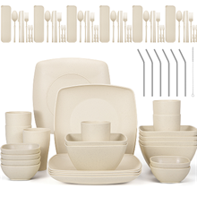 GPED Wheat Straw Dinnerware Set for 6, 73-Piece Plates and Bowls Sets, Beige