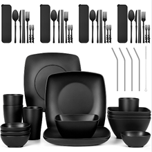 GPED Wheat Straw Dinnerware Set for 4, 49-Piece Plates and Bowls Sets, Black