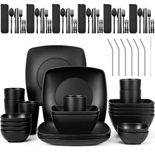 GPED Wheat Straw Dinnerware Set for 6, 73-Piece Plates and Bowls Sets, Black