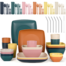 GPED Wheat Straw Dinnerware Set for 4, 49-Piece Plates and Bowls Sets, Mediterranean Palette