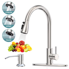 Kitchen Sink Faucet with Soap Dispenser, 3 Modes Kitchen Faucet with Pull Down Sprayer & Deck Plate