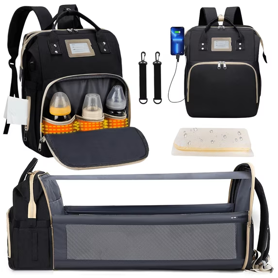 Diaper Bag Backpack, Multifunctional Baby Changing Bag with Foldable Crib
